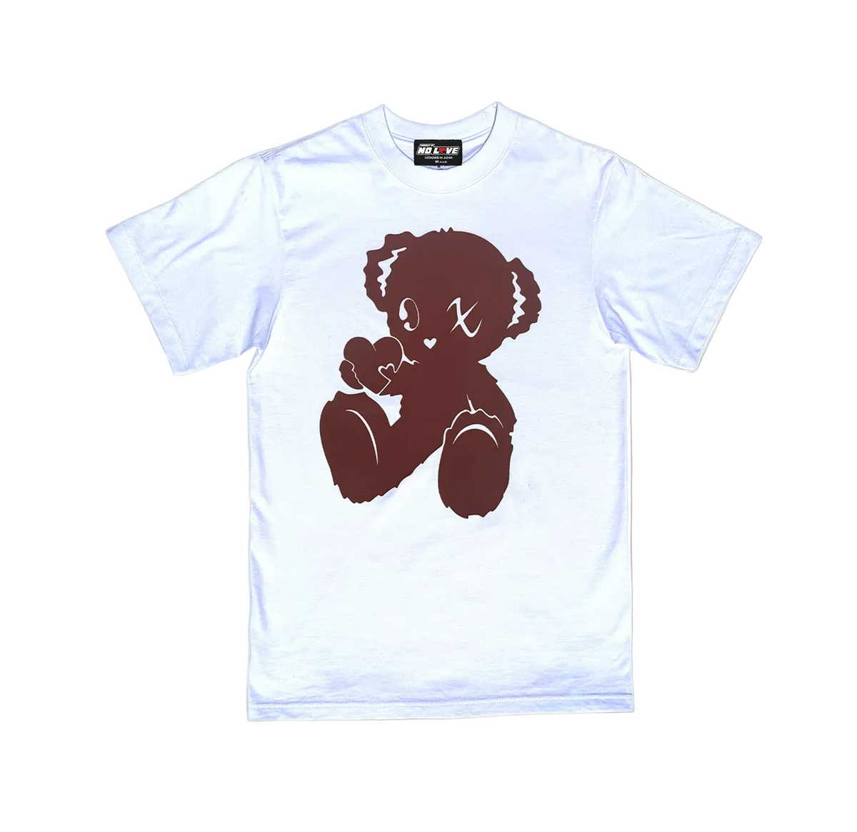White t-shirt with a brown bear graphic on a gray background