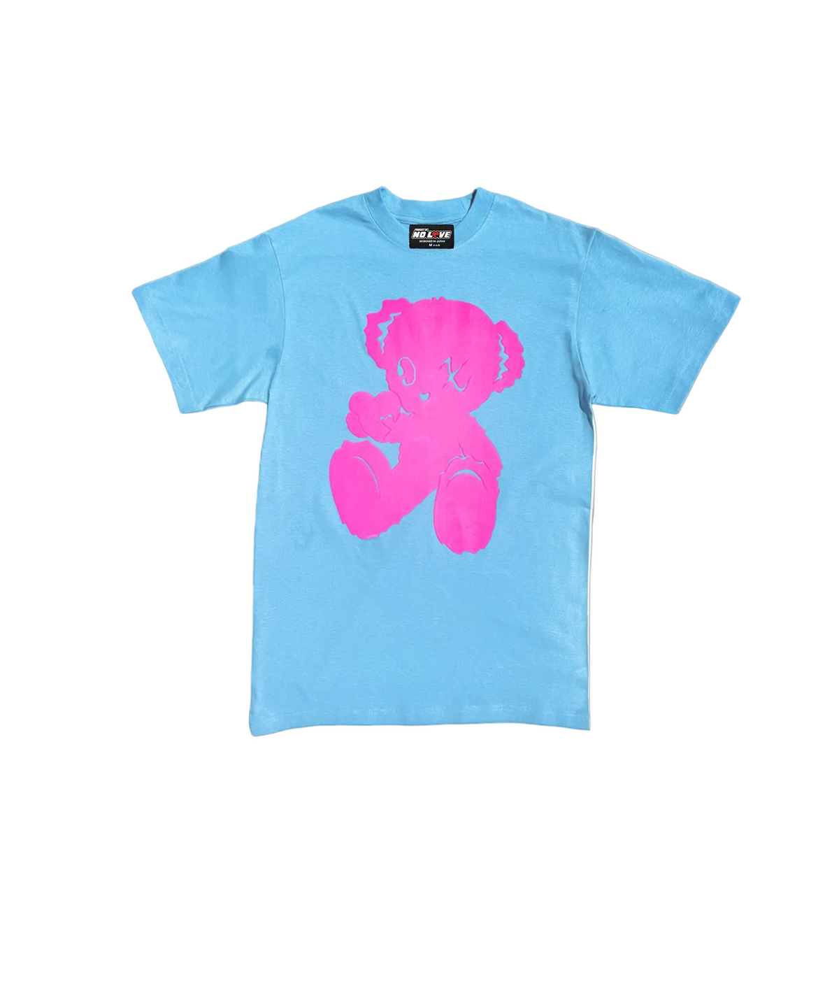 Light blue t-shirt with a pink graphic on a white background